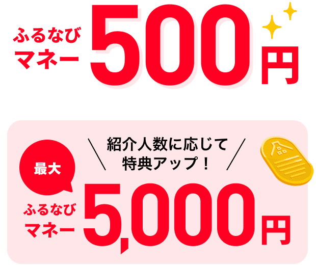 ふるなびマネー500円 紹介人数に応じて特典アップ！ふるなびマネー最大5,000円