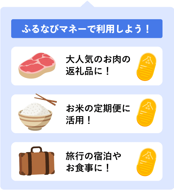 ふるなびマネーで利用しよう! 大人気のお肉の返礼品に! お米の定期便に活用! 旅行の宿泊やお食事に!