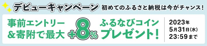 初めてのふるさと納税は今がチャンス！　2023春のデビューキャンペーン　Amazonギフトカード、楽天ポイント、dポイント、PayPayに交換可！事前エントリー＆寄附でふるなびコイン最大+8%分還元！　今すぐエントリー！2023年5月31日まで