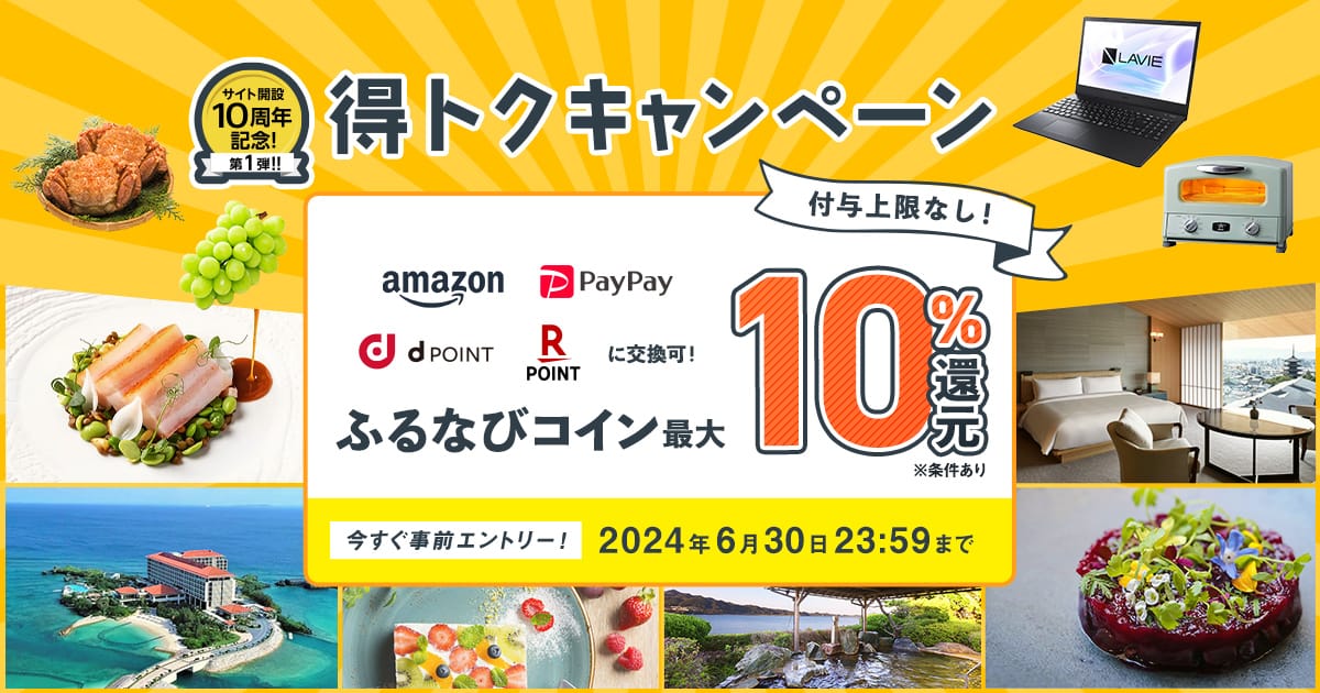 最大10%分還元！付与上限なし！サイト開設10周年記念第1弾！ふるなび得