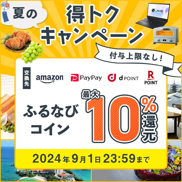 最大10%分還元！付与上限なし！2024夏のふるなび得トクキャンペーン 今すぐ事前エントリー！ 2024年9月1日23:59まで