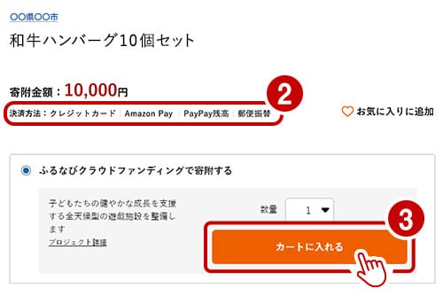 STEP1：返礼品ページの「カートに入れる」から次に進む