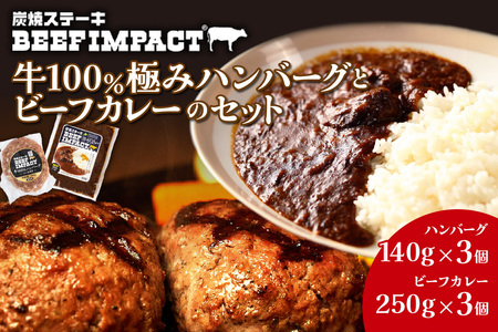 炭焼ステーキBEEF IMPACT 牛100%極みハンバーグ(140g×3個)とビーフカレー(250g×3個)のセット