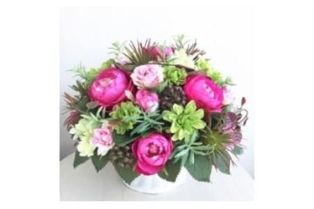 [ギフト用]美流渡の森 アーティフィシャルフラワー・アレンジメント ピンク、グリーン(ブリキ花器シリーズ)[12203]