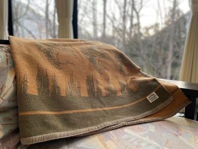 赤外線を吸収して温かくなる難燃ボアの焚火カモ柄ブランケット　Lサイズ_カーキドラブ【G0650】