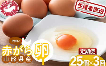 【半澤鶏卵】《定期便》 山形県産 赤がら卵25個（破損補償5個含む）×3回 国産鶏種もみじ F2Y-5487