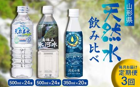 [定期便3回]山形県 3種天然水 飲み比べ(月光の水 350ml×20本・氷河水 500ml×24本・出羽三山の水 500ml×24本)
