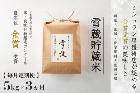 【定期便】 5kg×3ヶ月《雪蔵貯蔵米》金賞受賞 魚沼産コシヒカリ 雪と技   農薬5割減・化学肥料5割減栽培