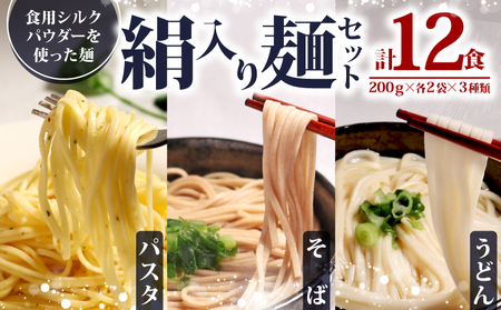 絹入り麺セット (うどん そば パスタ) 約12食 計6袋 (各200g×2袋) シルクパウダー入り シルクの麺 シルクのうどん そば パスタ 京都 与謝野