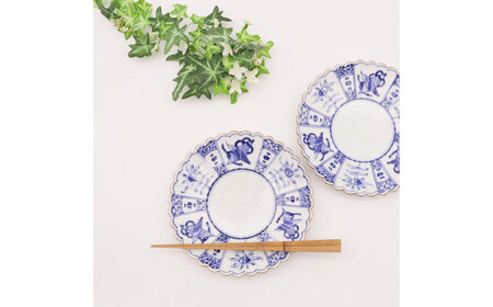 [有田焼]染付芙蓉手菊型6寸皿(2点セット) / 有田焼 焼き物 / 佐賀県 