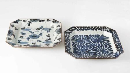 [AB945][波佐見焼]22.5×21.5cm八角盛皿2柄2枚組 手描き古染紋[西海陶器] 1 20581