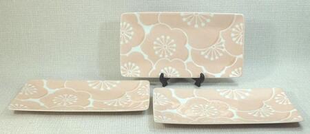 [AB1165][波佐見焼]25×13.5cmの長角皿3枚組 はふり 梅柄桃 [西海陶器]3 19233