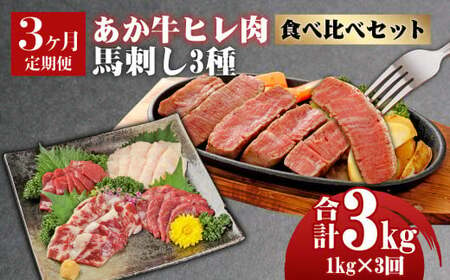 [定期便3か月]くまもとあか牛 ヒレ肉800g(6枚前後)･馬刺し200g(赤身100g･霜降り50g･たてがみ50g) 食べ比べセット 合計約3kg