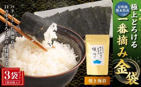 有明海 熊本産 極上とろける一番摘み 焼きのり 金袋 1袋(40枚入)×3袋 計120枚 海苔 のり ノリ 海藻