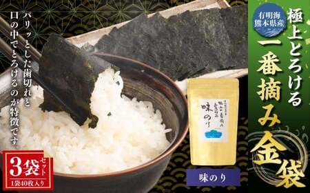 有明海 熊本産 極上とろける一番摘み 味のり 金袋(無添加) 1袋(40枚入)×3袋 計120枚 海藻 海苔 のり ノリ あじのり