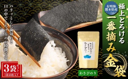 有明海 熊本産 極上とろける一番摘み わさびのり 金袋 1袋(40枚入)×3袋 計120枚 海苔 海藻 のり ノリ あじのり わさび ワサビ 山葵