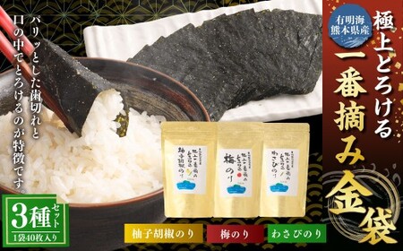 有明海 熊本産 極上とろける一番摘み (柚子胡椒のり・梅のり・わさびのり) 金袋 3種セット 1袋(40枚入)×3袋 計120枚 各1袋 海苔 海藻 のり ノリ 柚子 胡椒 梅 うめ ウメ わさび ワサビ 山葵