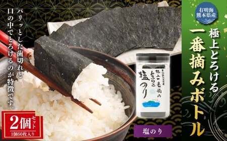有明海 熊本産 極上とろける一番摘み 塩のりボトル 1ボトル60枚入 2個 計120枚 海苔 海藻 のり ノリ 塩 しおのり