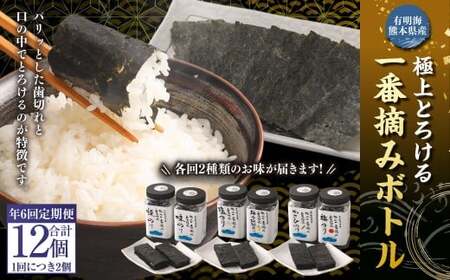 [年6回定期便] 有明海 熊本産 極上とろける一番摘み 焼きのり ボトルシリーズ 6種 焼きのり 味のり 塩のり 柚子胡椒のり 梅のり わさびのり 計12ボトル (各回2ボトル×6回)