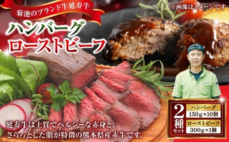 菊池のブランド牛延寿牛ハンバーグ 10個 ・ローストビーフ 1個 セット 延寿牛 牛 牛肉 肉 にく ニク ヘルシー 赤身 国産 熊本県産 ハンバーグ ローストビーフ セット モモ モモ肉