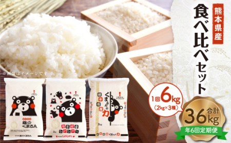 [年6回定期便]熊本県産米 食べ比べセット 2kg×3袋 合計6kg×6回 森のくまさん ひのひかり くまさんの力