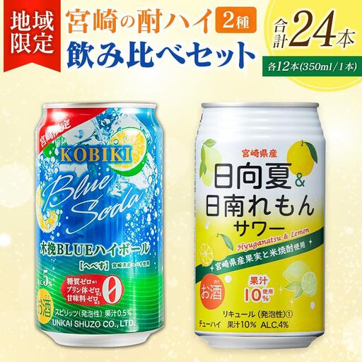 [宮崎・九州限定]宮崎の酎ハイ 2種 飲み比べ 350ml缶×各12本(木挽BLUEハイボール へべす | 日向夏&日南れもんサワー)お酒 詰め合わせ セット