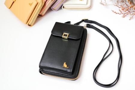 お財布ショルダー スマホショルダー スマホポーチ 猫 スマホポシェット [ブラック]