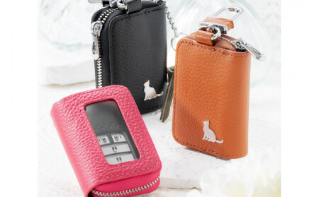 【本革スマートキーケース】＜ピンク＞ ねこ おしゃれ 可愛い コンパクト スリム 猫 レザー 窓つき 収納