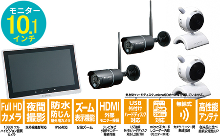 防犯カメラ　10.1インチモニター＆ワイヤレスHDカメラ（屋外用2台・屋内用2台）セット