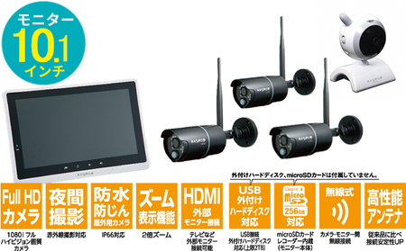 防犯カメラ　10.1インチモニター＆ワイヤレスHDカメラ（屋外用3台・屋内用1台）セット