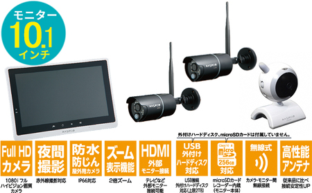 防犯カメラ　10.1インチモニター＆ワイヤレスHDカメラ（屋外用2台・屋内用1台）セット