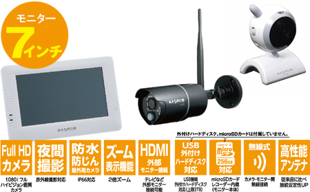 防犯カメラ　7インチモニター＆ワイヤレスHDカメラ（屋外用1台、屋内用1台）セット