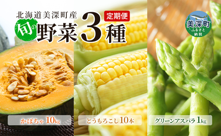 [2025年発送]美深の旬の野菜 3種 定期便 グリーンアスパラ 1kg とうもろこし 10本 かぼちゃ 10kg 北海道 美深町 野菜 夏野菜 フルーツ アスパラ とうもろこし コーン スイートコーン 南瓜 かぼちゃ 旬 直送 新鮮 セット