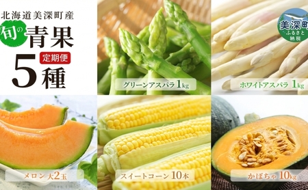 [2026年発送]美深の旬の青果 5種定期便(ホワイトアスパラ グリーンアスパラ メロン とうもろこし かぼちゃ) 北海道 野菜 フルーツ 果物 アスパラ メロン コーン 南瓜 かぼちゃ 定期便 旬