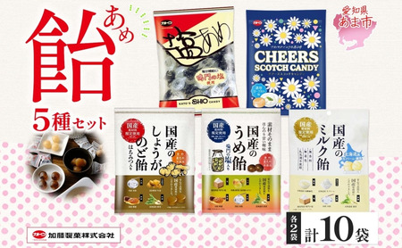 加藤製菓飴5種セット 各2個 計10個 国産 日本産 しょうが飴 梅飴 ミルク飴 塩飴 チアーズスコッチキャンディー 飴 あめ キャンディー お菓子 アソート お取り寄せ 送料無料 愛知県 あま市