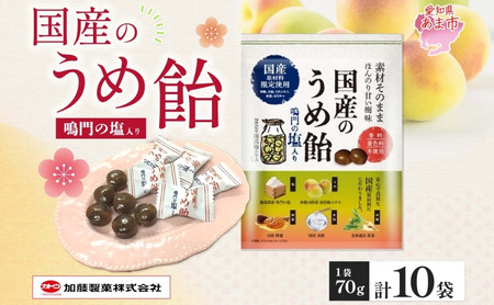 加藤製菓 国産うめ飴 70g×10個 飴 あめ キャンデイー 個包装 国産 日本産 素材の味 素材 梅 はちみつ 甜菜糖 南高梅 酸味 まろやか 優しい味わい 持ち歩き お取り寄せ 送料無料 愛知県 あま市
