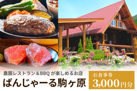 農園レストラン&BBQが楽しめる ログハウス ばんじゃーる駒ヶ原 お食事券 3000円 利用券 段戸山高原牛 ステーキ バーベキュー 食事 牛肉 野菜 食材 ハンバーグ -227