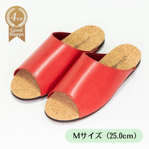 Made in Japanの高品質　ルームシューズの理想形。天然素材、静音性、高反発クッションで足にやさしい、 コルクでむれにくい、来客時も合成皮革とシンプルカラーのデザインで、さりげないセンスを！ 「バークオブケイ」コルクルームシューズ（Ｍ・25.0cm・レッド）