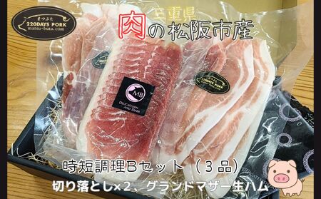 松阪豚 時短セットB 3品(ブランド豚 松阪 時短調理 Bセット 3品 まつぶた 簡単 切り落とし GM 生ハム 時短レシピ パスタ 焼きそば 生活応援 お試し ふるさと納税 肉 産直 豚肉 ブランド肉 送料無料)[002262]