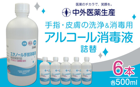 手指・皮膚の洗浄・消毒用 アルコール消毒液 500ml×6本(詰替)