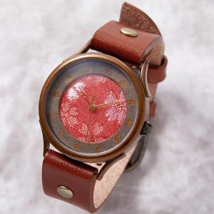 伝統工芸品[西陣織 赤]の文字盤が美しい手作り腕時計 干支インデックス ベルトカラー:茶 WJ001L 西陣織赤-茶