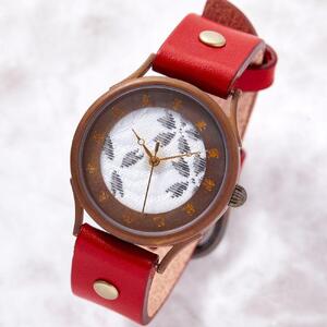 伝統工芸品[西陣織 白]の文字盤が美しい手作り腕時計 干支インデックス ベルトカラー:赤 WJ001L 西陣白-赤
