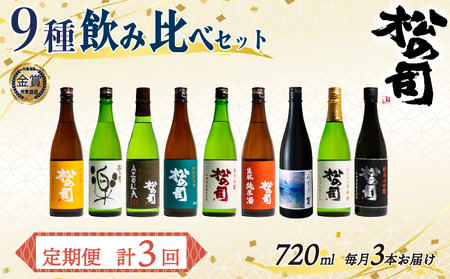 定期便 日本酒 松の司 9本 ( 3種類 × 3回 ) 720ml 「純米酒」「楽」「AZOLLA50」「特別純米酒」「純米吟醸」「陶酔」「生酛純米酒」「みずき」「黒」金賞 受賞酒造 (日本酒 地酒 清酒 ギフト お歳暮 プレゼント 松瀬酒造 滋賀 竜王 大人気 銘酒 )