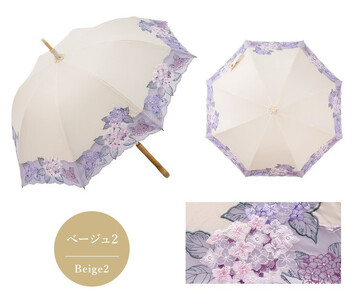 [シノワズリーモダン京都]女優日傘プレミアム 紫陽花オーガンジー刺繍 かわず張り長日傘 ベージュ2
