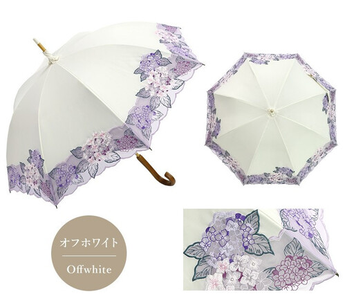 【シノワズリーモダン京都】女優日傘プレミアム 紫陽花オーガンジー刺繍 かわず張り長日傘 オフホワイト