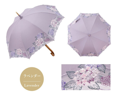 【シノワズリーモダン京都】女優日傘プレミアム 紫陽花オーガンジー刺繍 かわず張り長日傘 ラベンダー