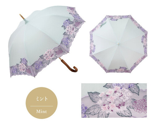 【シノワズリーモダン京都】女優日傘プレミアム 紫陽花オーガンジー刺繍 かわず張り長日傘 ミント