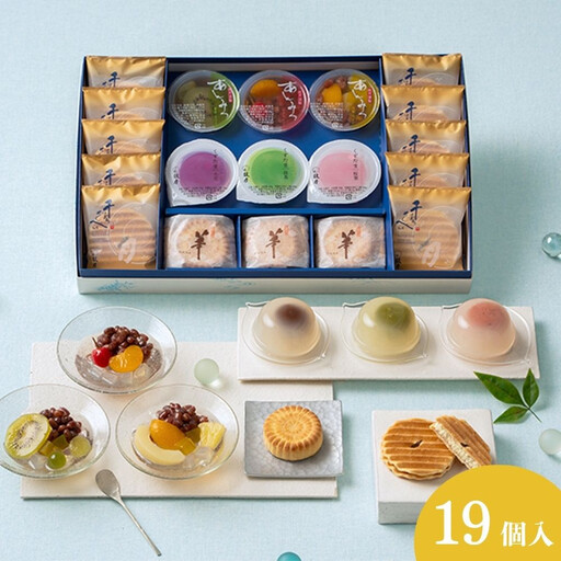 [鼓月]お中元和菓子4種詰合せ 19個入 (プレミアム千寿せんべい10枚、くずたま3個、あんみつ3個、華3個)
