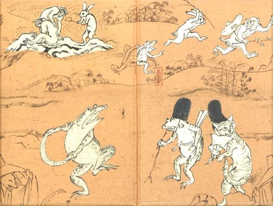 [芸艸堂]和綴じ製本の御朱印帳(鳥獣戯画・猫)&てぬぐい(白地に赤千鳥)