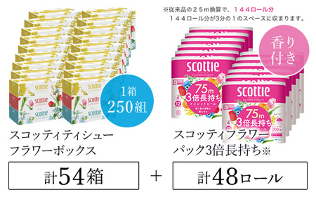 [ボックスティッシュ54箱+トイレットロール48ロール セット]スコッティティシューフラワーボックス250組54箱(1ケース3×18パック) と スコッティフラワーパック3倍長持ち4ロール(ダブル)×12パック セット/ 日用品 ティッシュ トイレットペーパー 消耗品 備蓄 防災 大容量 大人気 おすすめ 肌触り 日本製 たっぷり 防災用品 国産 クレシア FCAS026 トイレットペｰパｰ